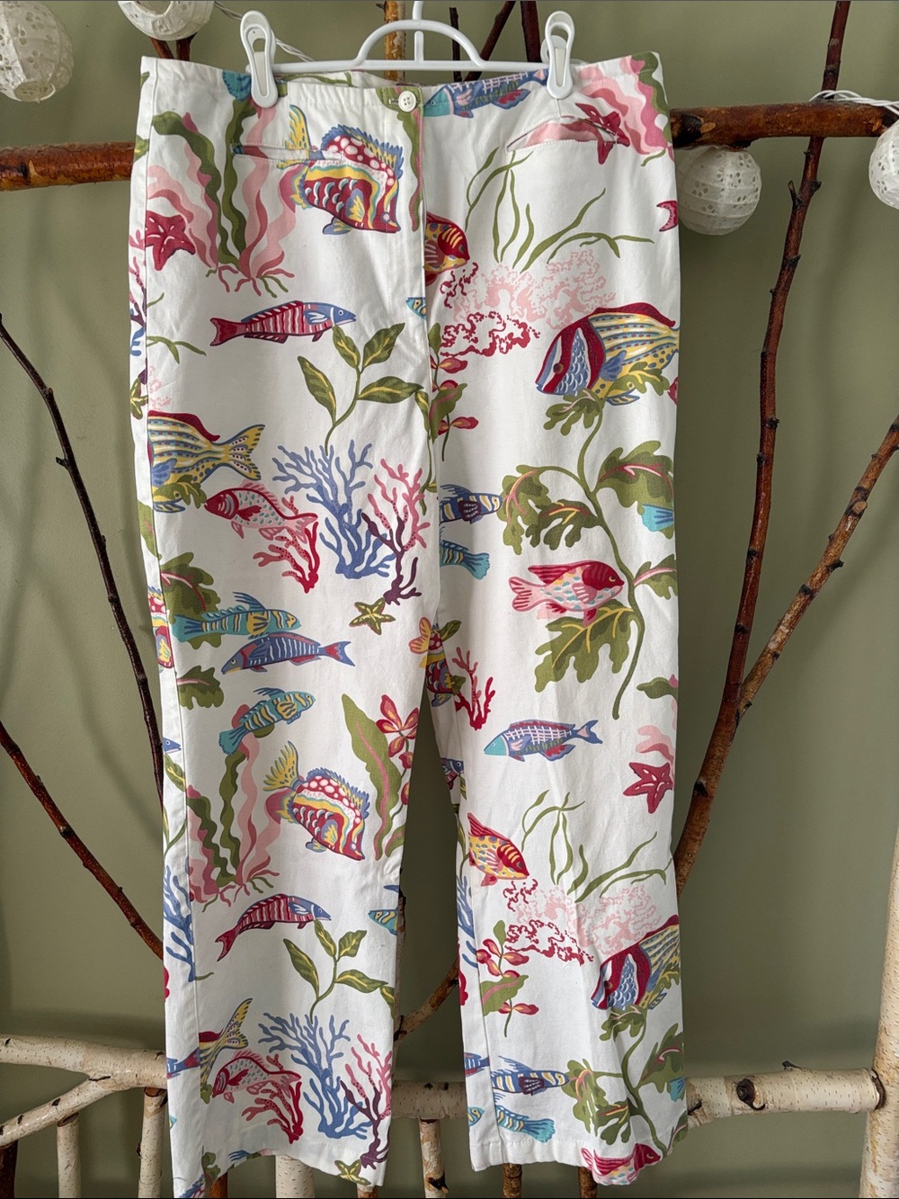 Talbots White Boot Cut Pants with Multicolor Fish & Seaweed Print.